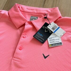 Callaway Golf Shirt Men's XL Pink Opti Dry Polo White Micro Print Performance